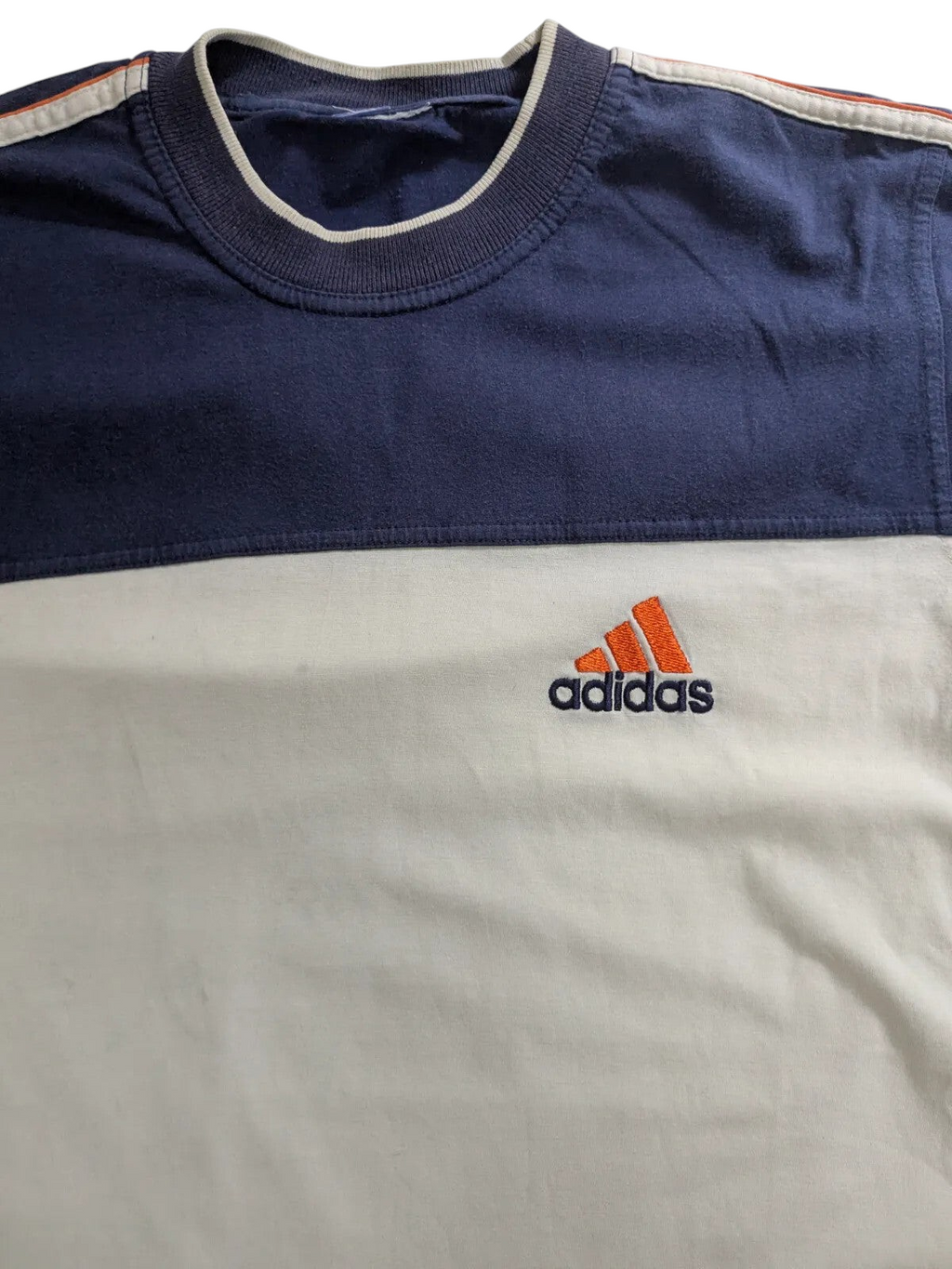 My Store pre-owned navy and white adidas cotton crew neck t-shirt with embroidered logo and orange accents