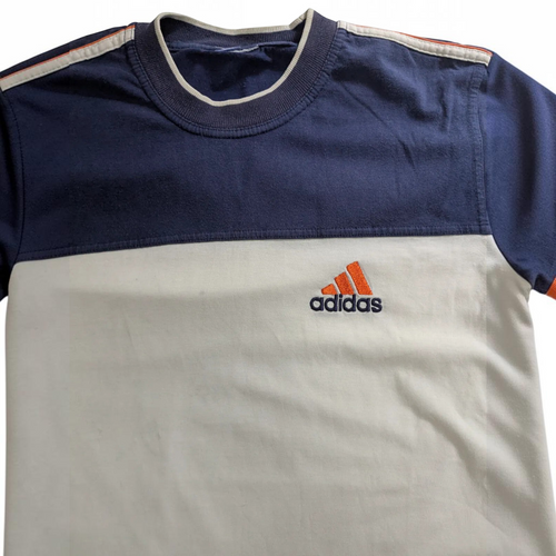 My Store pre-owned navy and white adidas cotton crew neck t-shirt with embroidered logo and orange accents