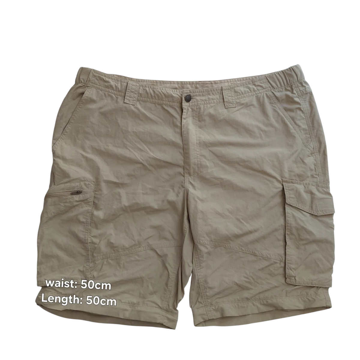 My Store Columbia beige nylon ripstop cargo shorts with utility pockets and button fly closure