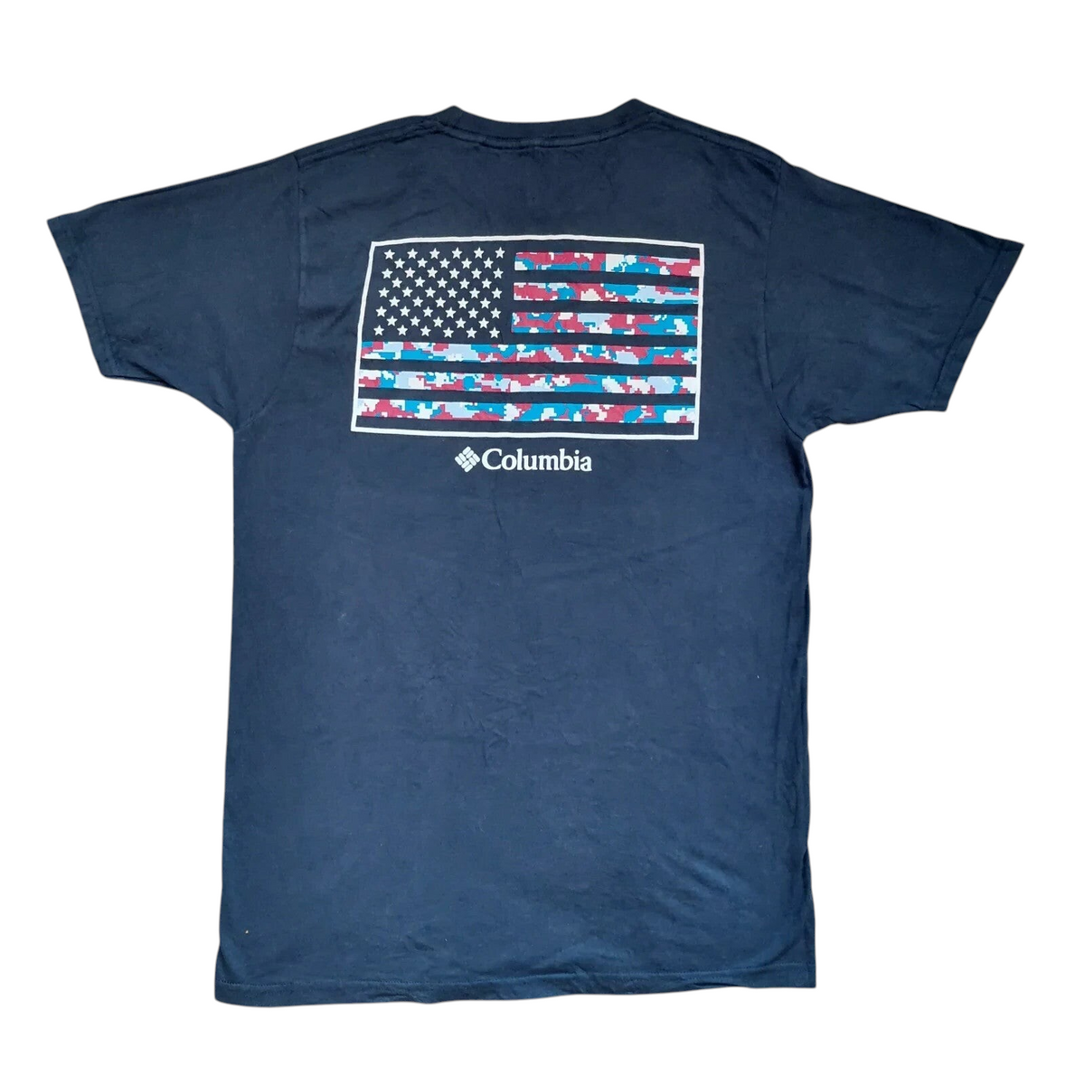 My Store navy Columbia crew neck t-shirt featuring a camo-style American flag graphic on the back