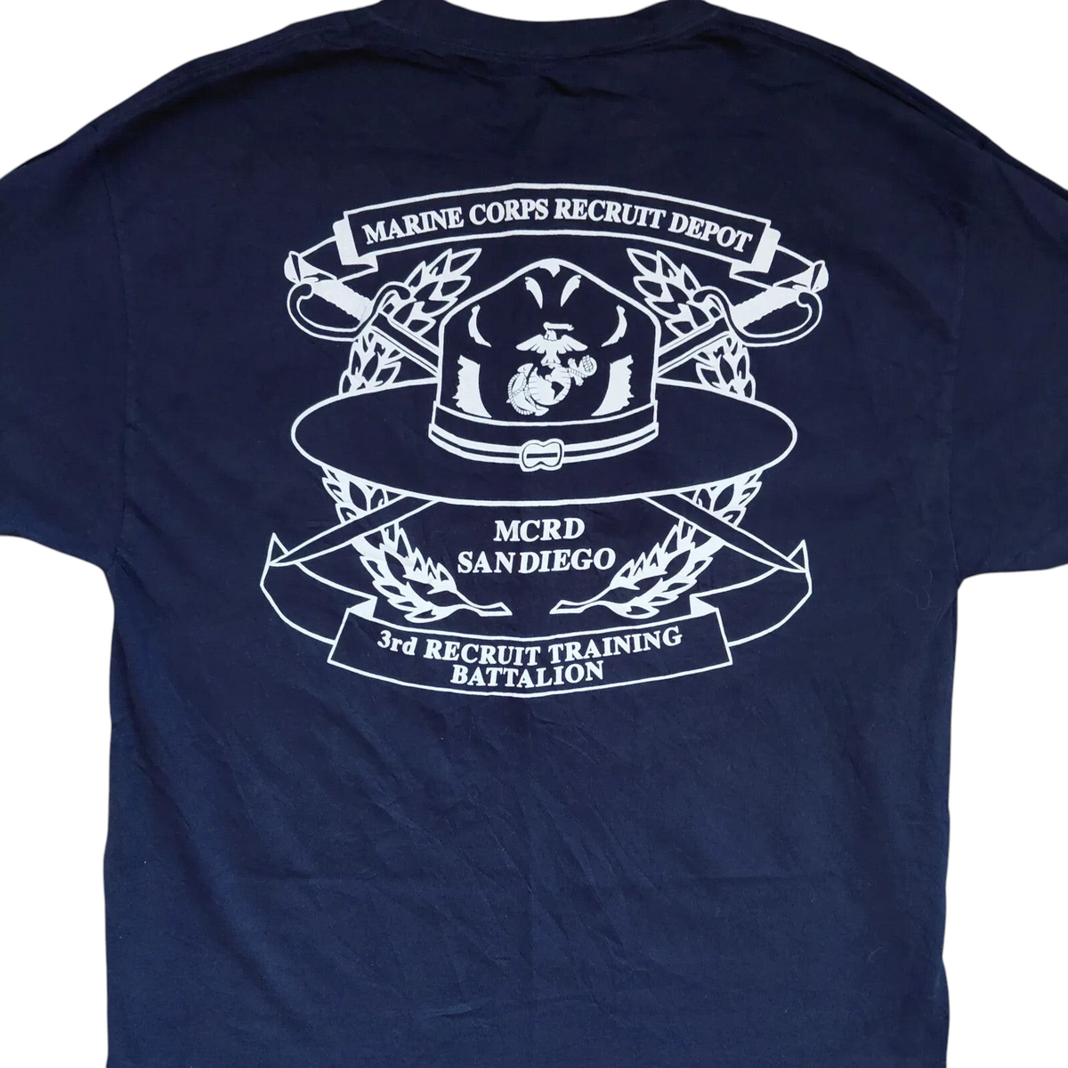 My Store navy blue cotton T-shirt featuring a white Marine Corps Recruit Depot San Diego graphic print on the back.