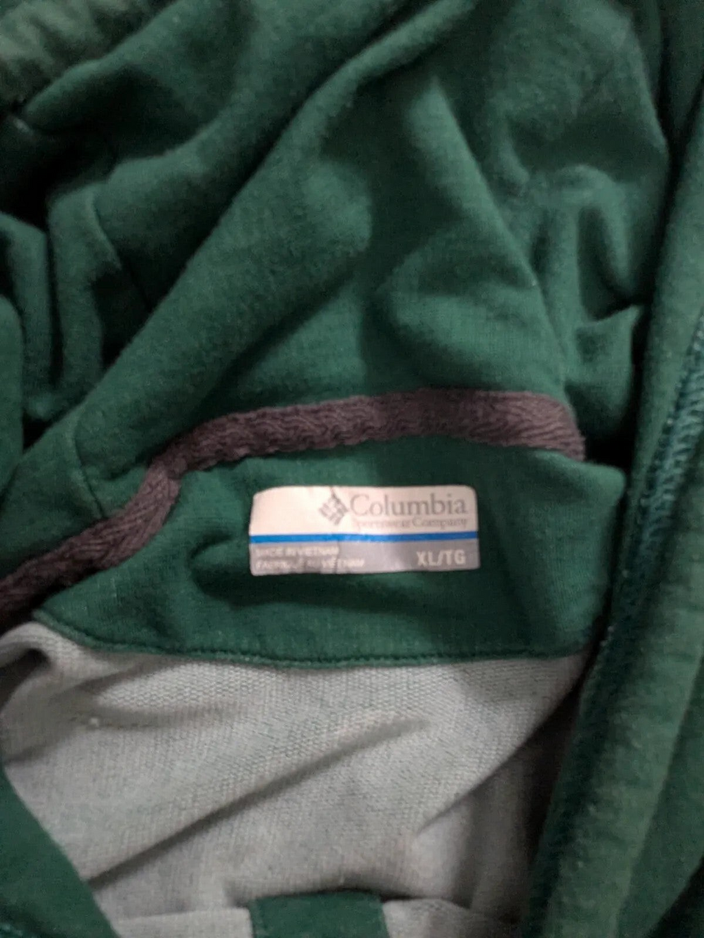 My Store Columbia green cotton hoodie with XL size tag detail
