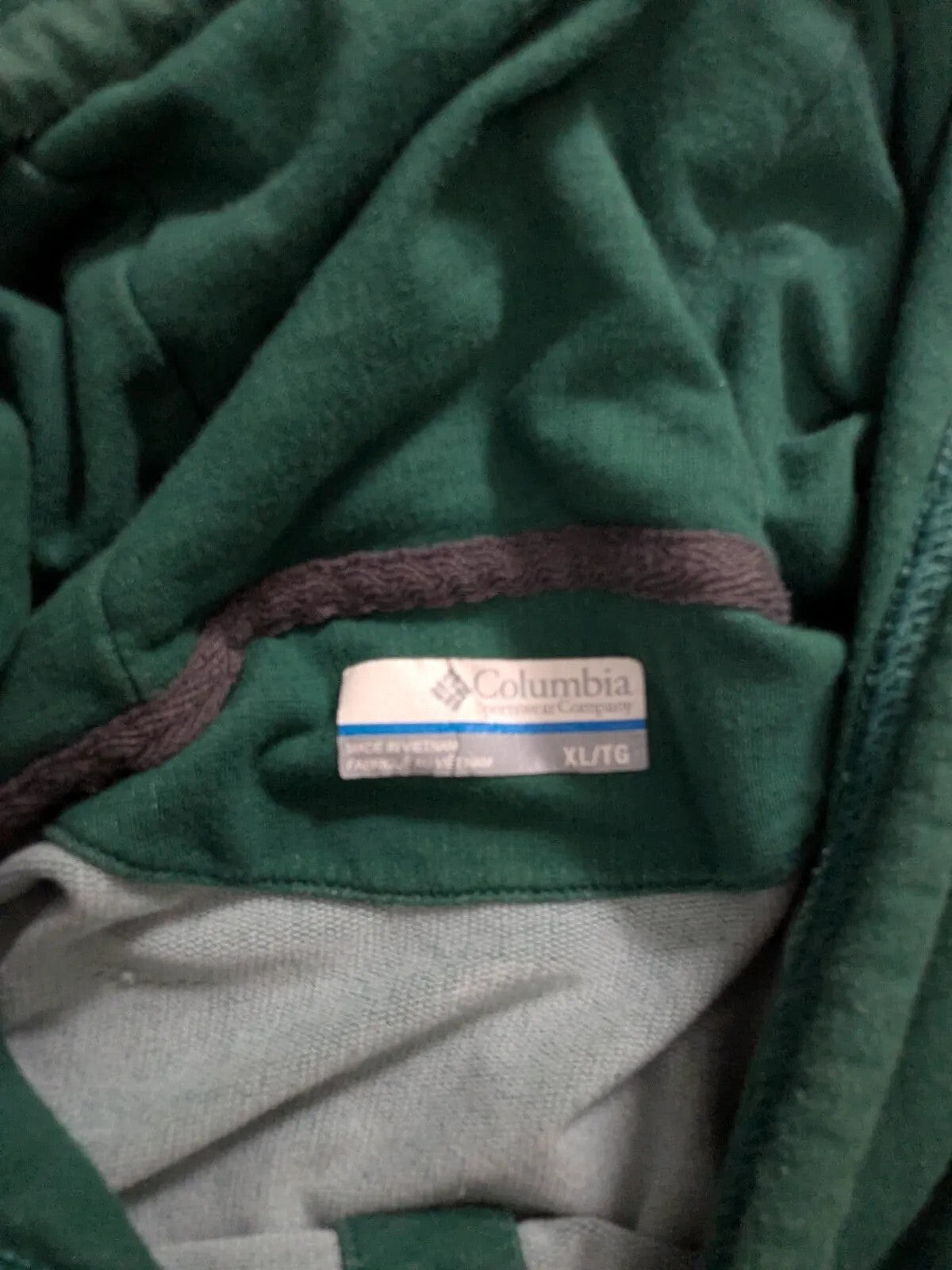 My Store Columbia green cotton hoodie with XL size tag detail
