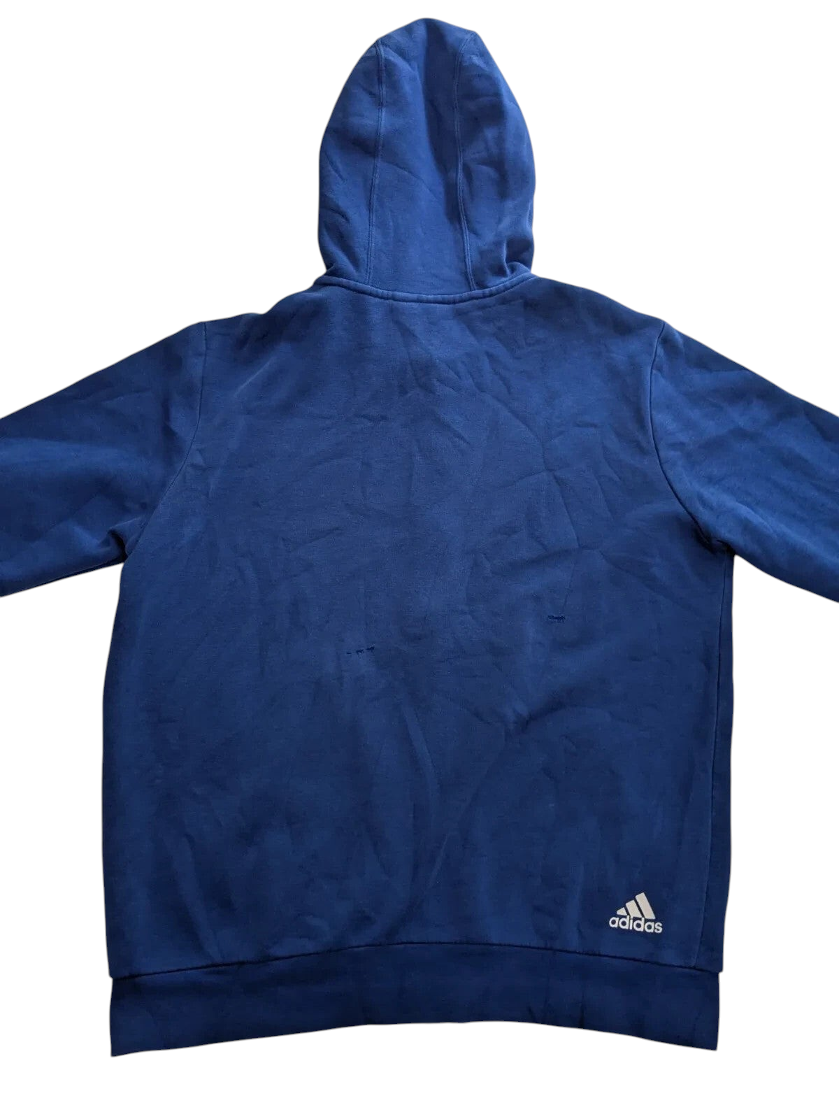 My Store pre-owned blue Adidas full zip hoodie with a white logo on the back hem, viewed from the rear.