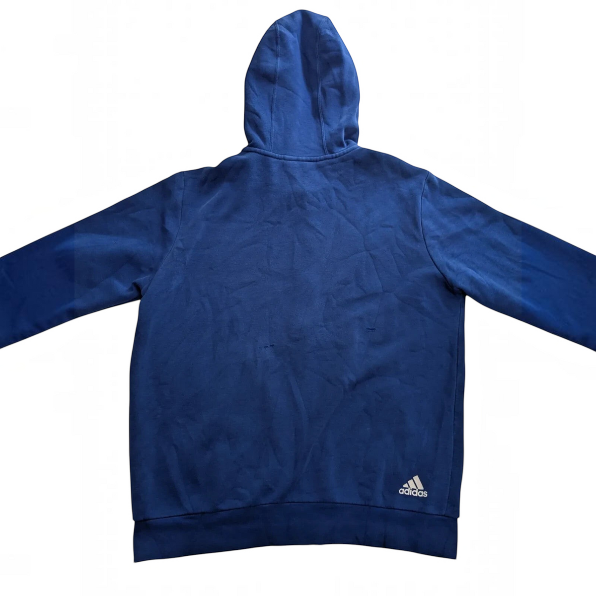 My Store pre-owned blue Adidas full zip hoodie with a white logo on the back hem, viewed from the rear.