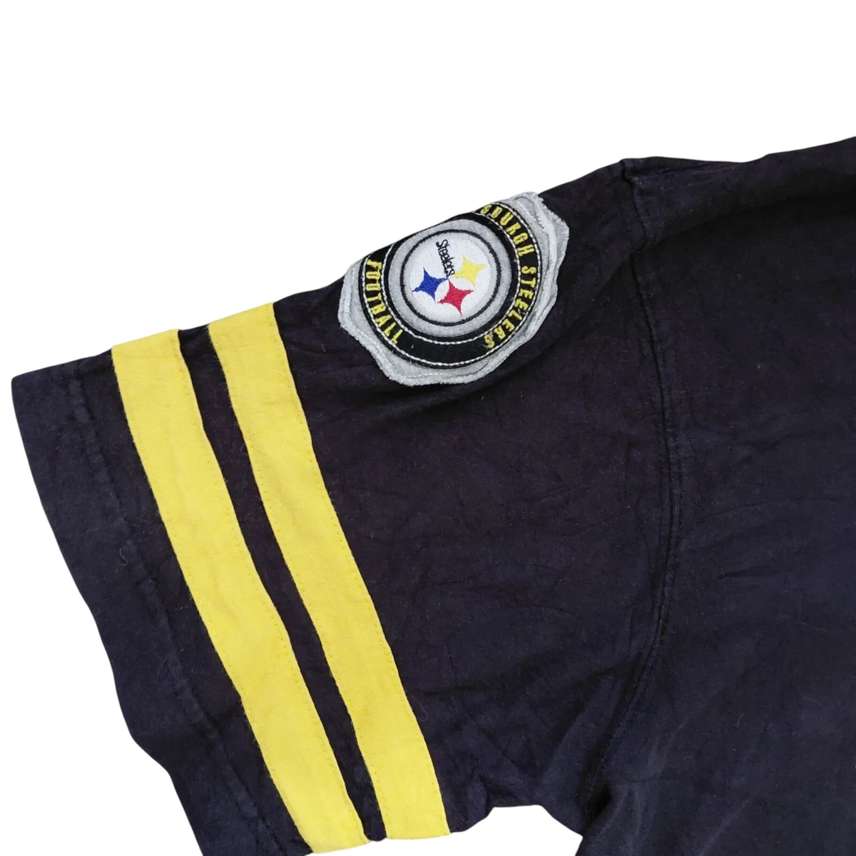 My Store black Pittsburgh Steelers NFL t-shirt sleeve with yellow stripes and team logo patch