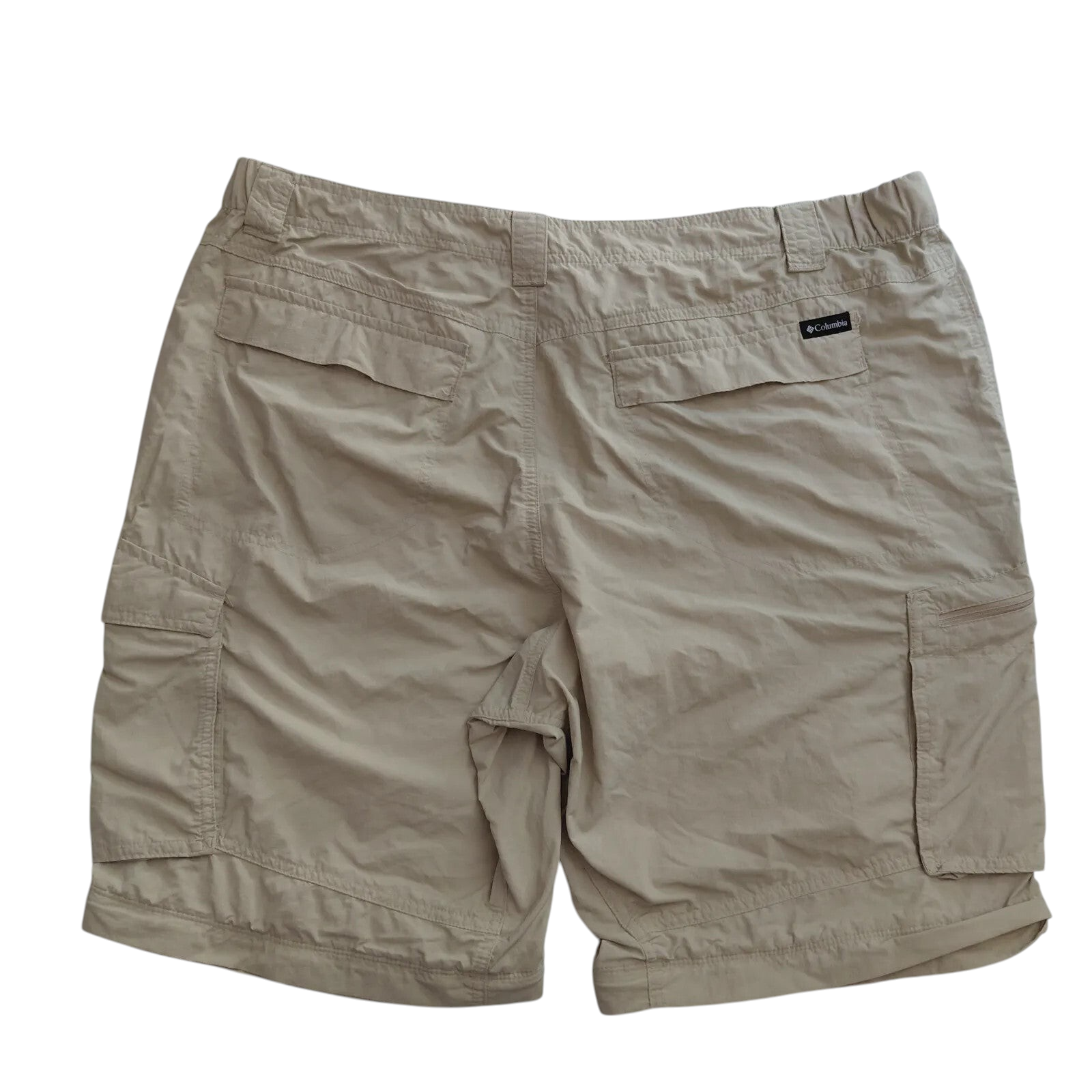 My Store Columbia beige nylon ripstop cargo shorts, back view featuring rear pockets and brand logo tag.