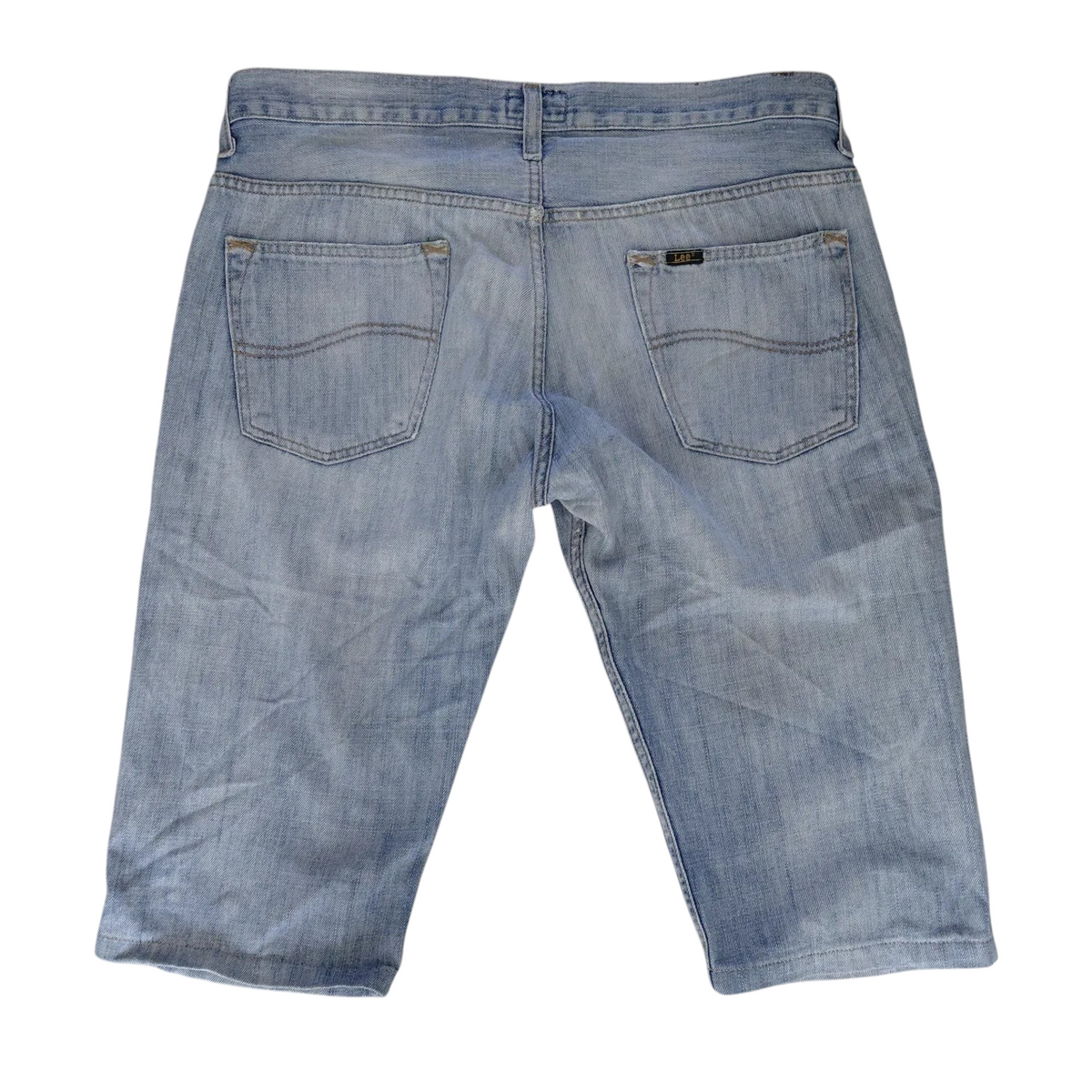 My Store Lee light blue denim jean shorts with back pockets and a cuffed hem in a pre-owned light wash finish
