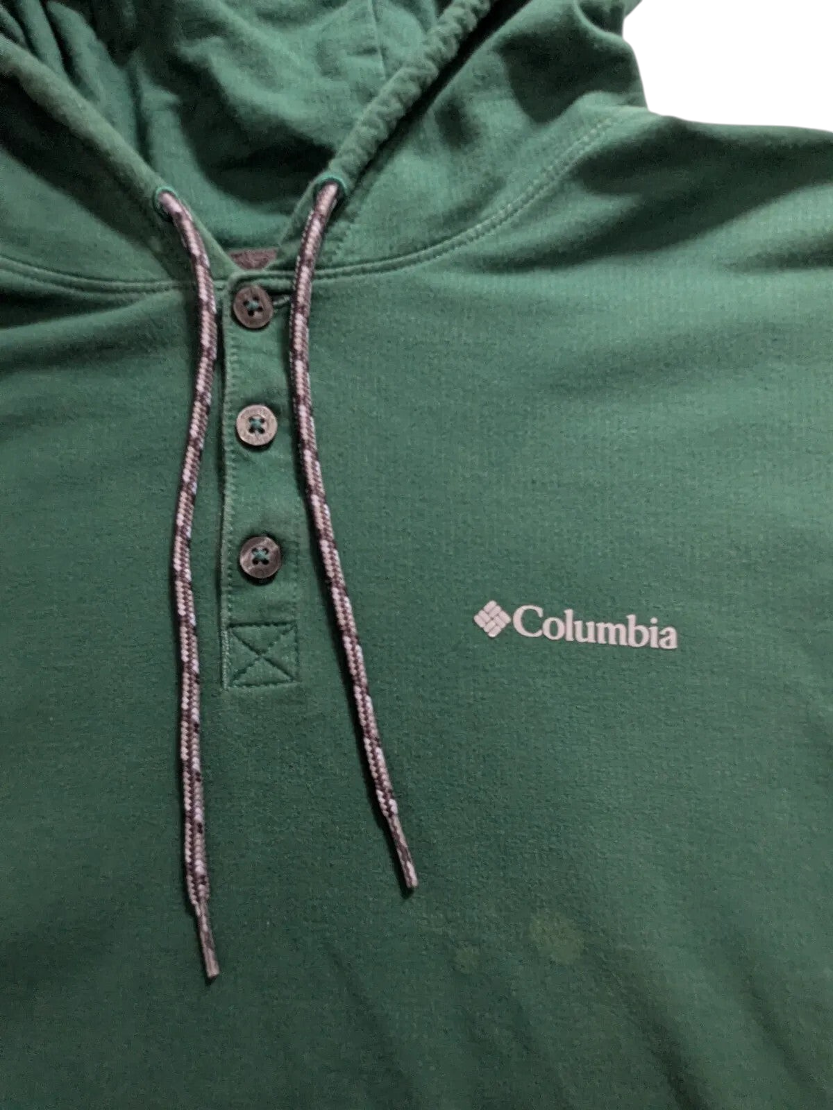 My Store Columbia green cotton hooded pullover with a three-button placket and drawstring hood