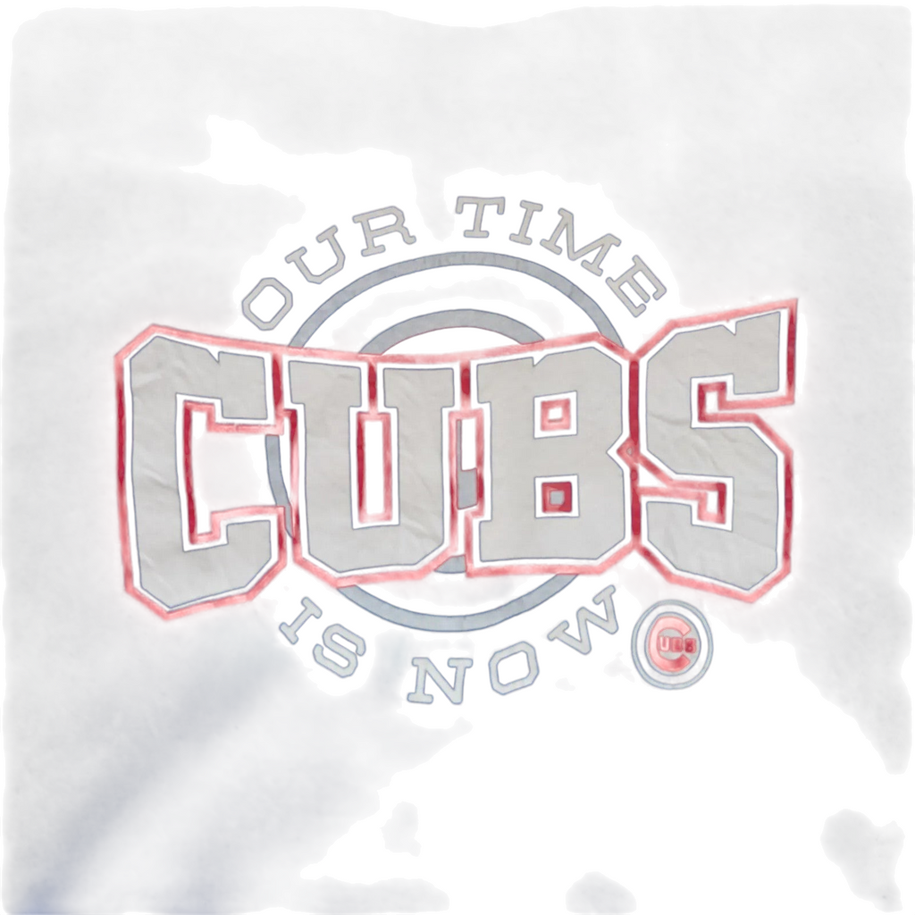 My Store blue Chicago Cubs graphic t-shirt with Our Time Is Now text and MLB team logo