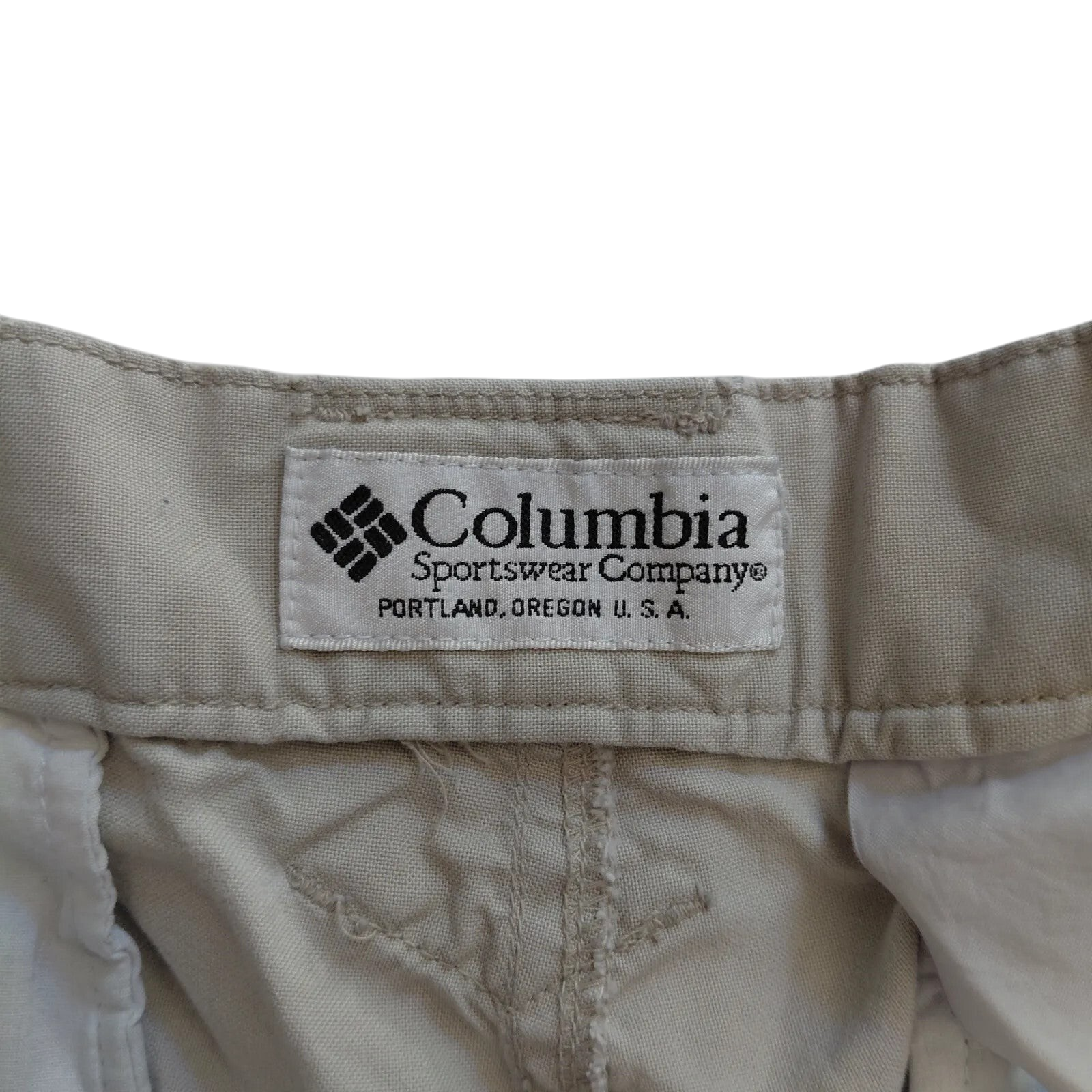 My Store Columbia beige cargo shorts interior brand label and waistband detail