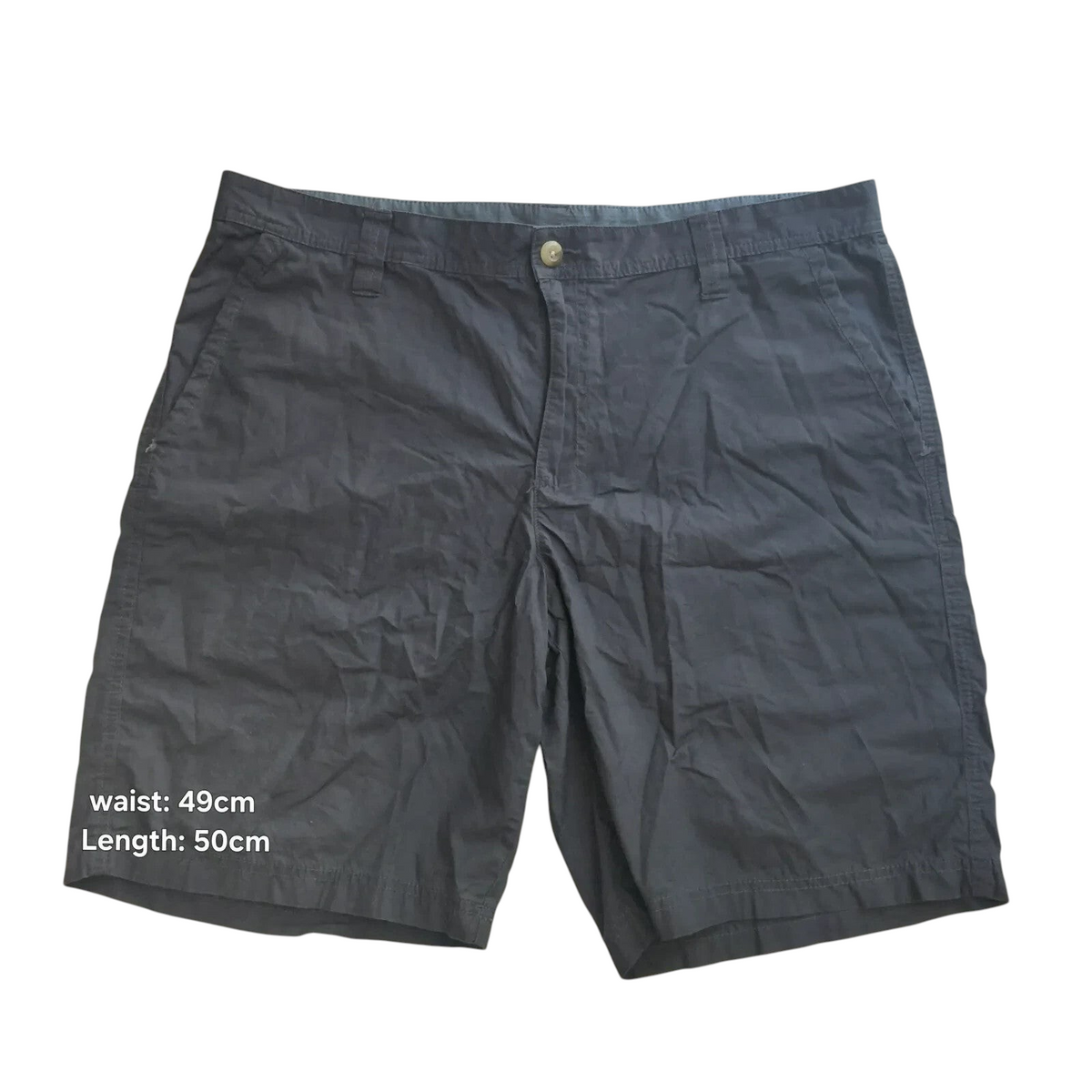 My Store grey Columbia mens chino shorts with a button fly, size 33, shown on a plain background.