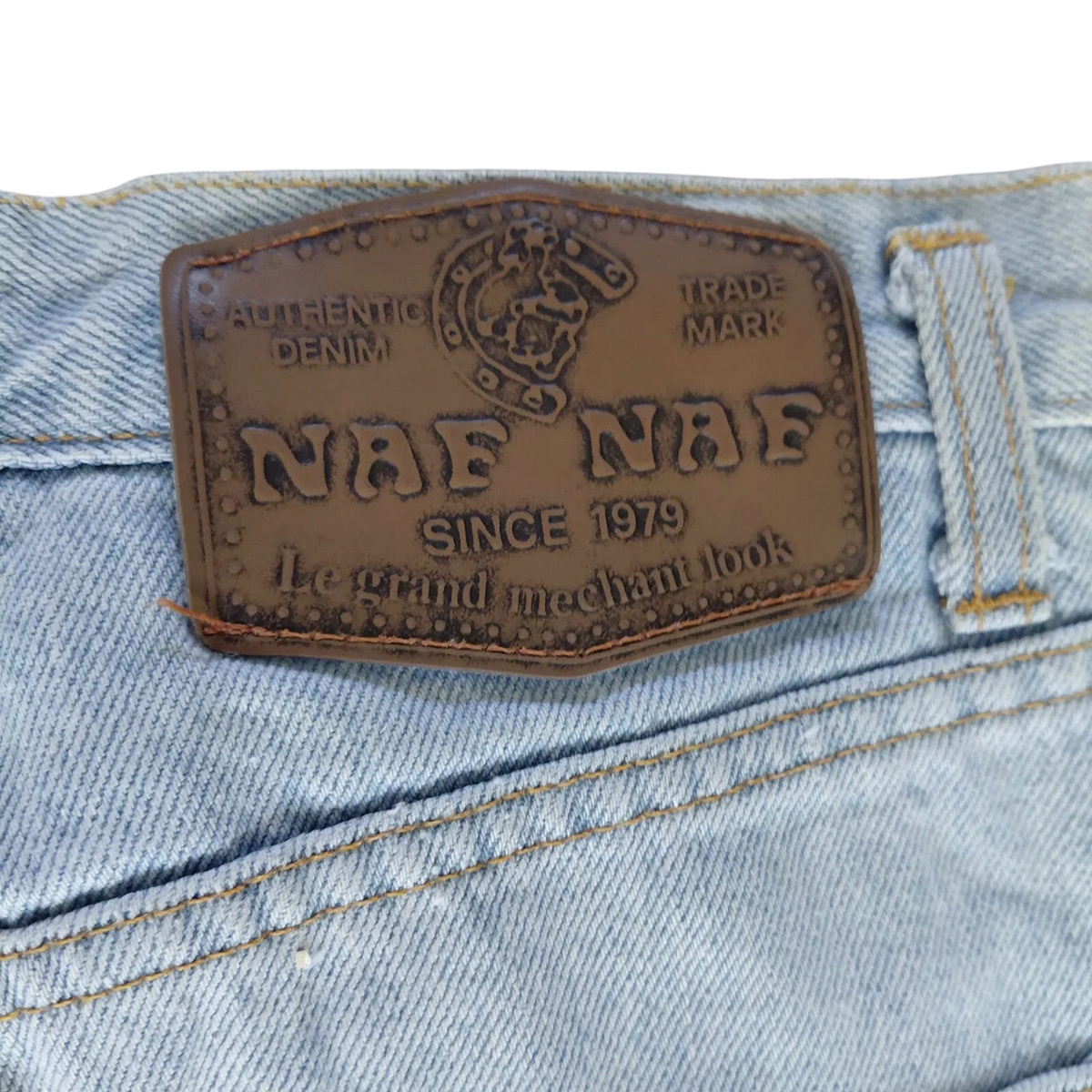 My Store Naf Naf light blue denim shorts featuring a brown leather brand patch on the back waistband