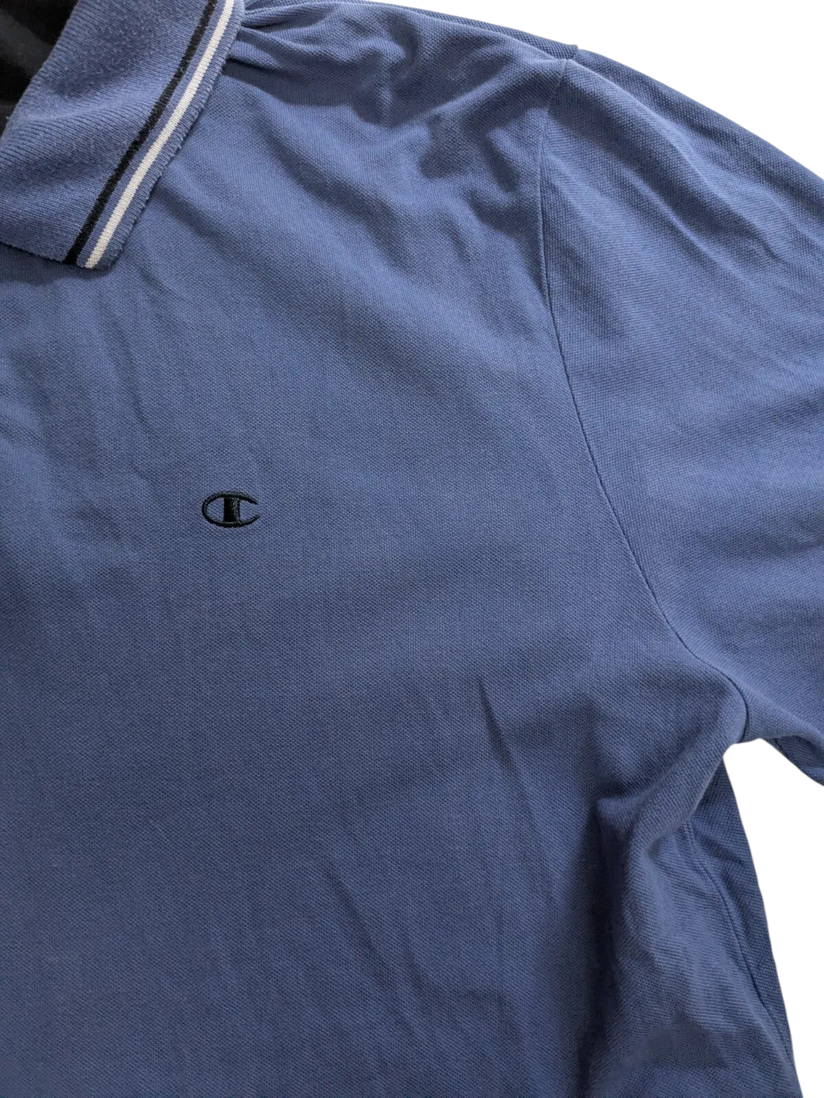 My Store Champion blue cotton pique polo shirt with striped collar trim and embroidered logo