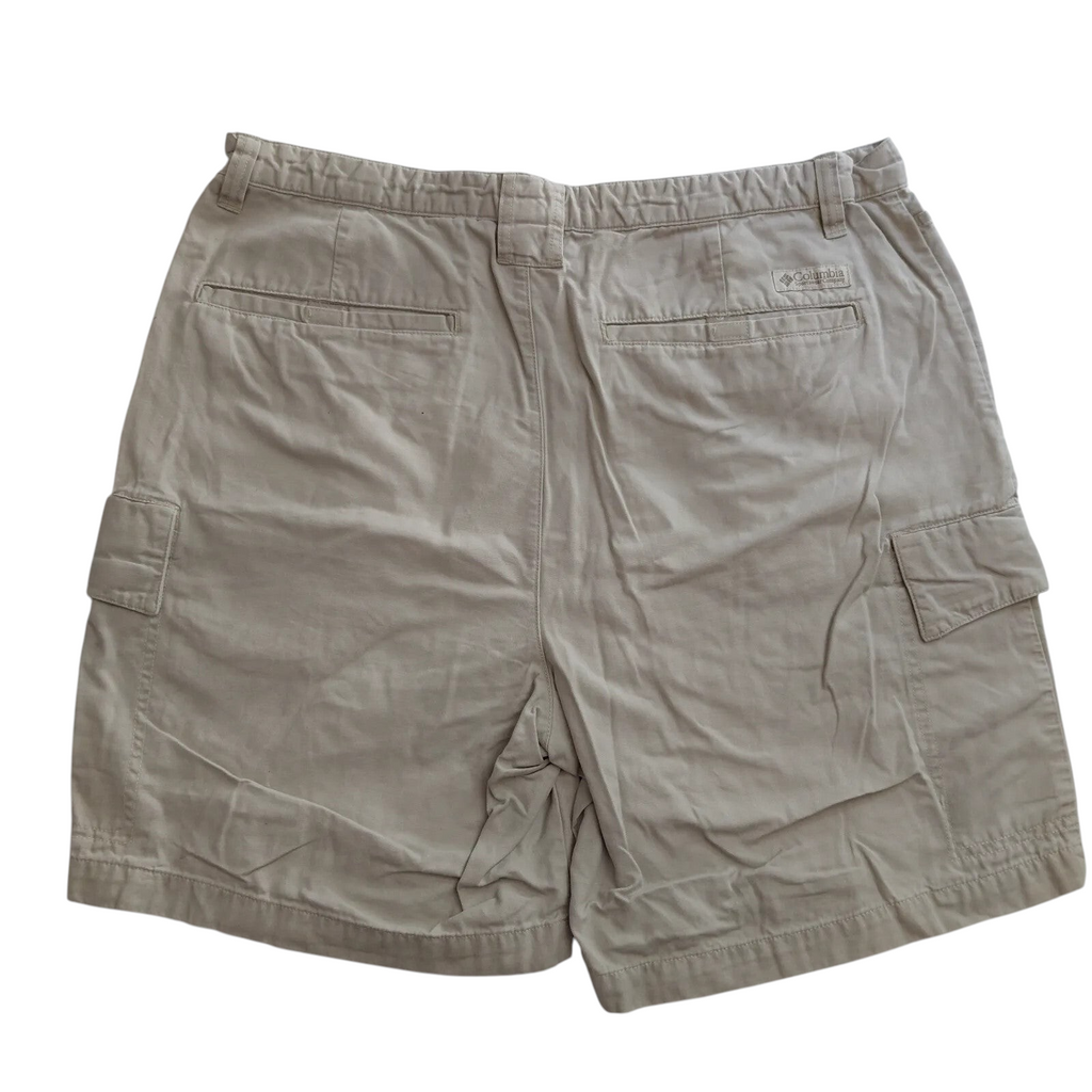My Store Columbia beige cotton cargo shorts with utility pockets, back view showing brand label and pocket detail.