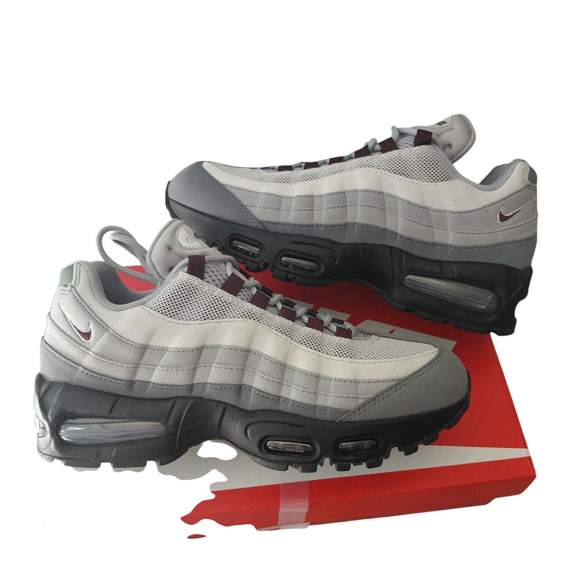 My Store Nike Air Max 95 trainers in smoke grey and burgundy crush with leather upper and iconic air bubble sole