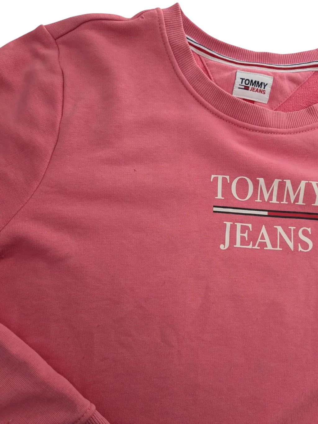 My Store pink Tommy Jeans crewneck sweatshirt with white logo print and ribbed collar detail