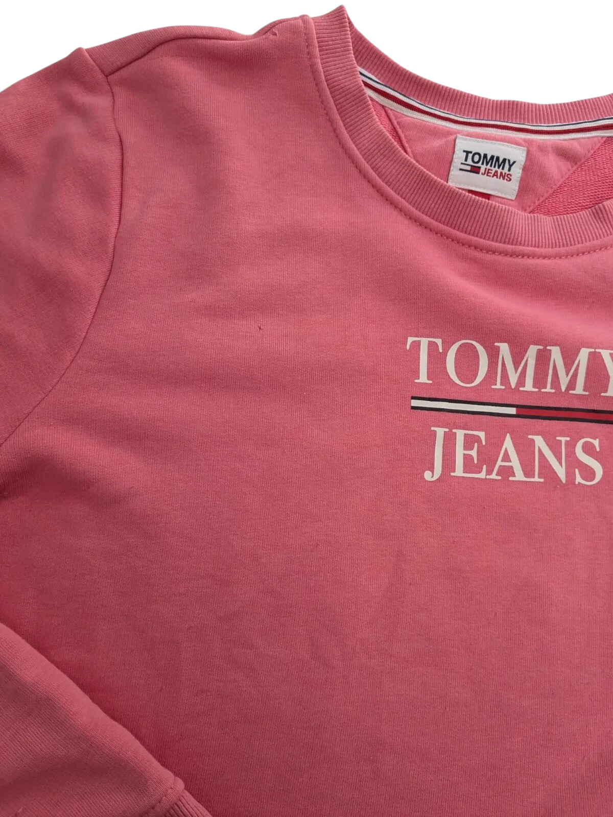My Store pink Tommy Jeans crewneck sweatshirt with white logo print and ribbed collar detail