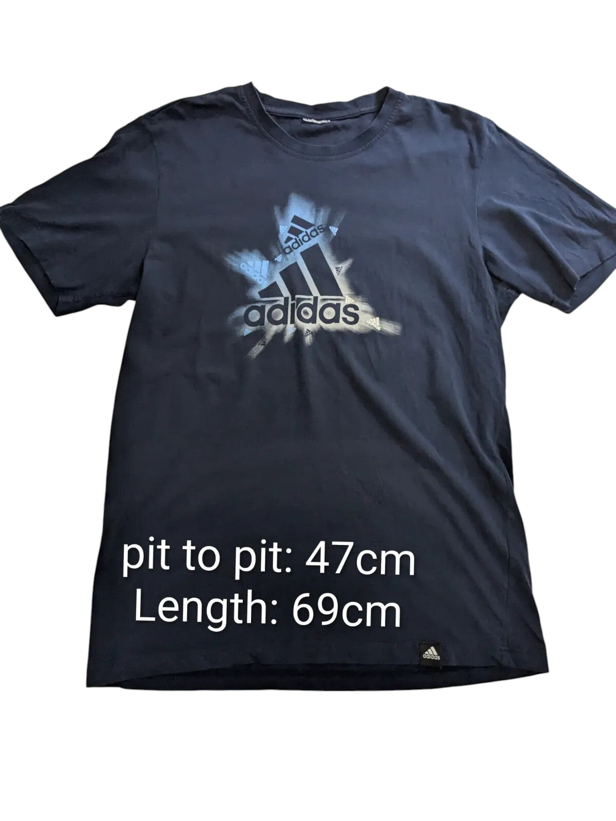 My Store navy cotton adidas crew neck t-shirt with a white and blue graphic logo print on the chest