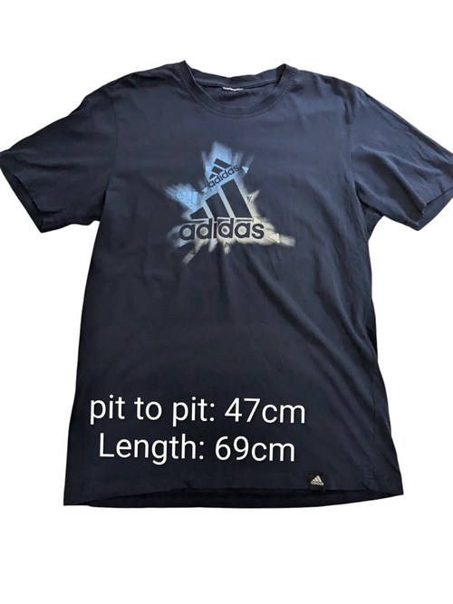 My Store navy cotton adidas crew neck t-shirt with a white and blue graphic logo print on the chest