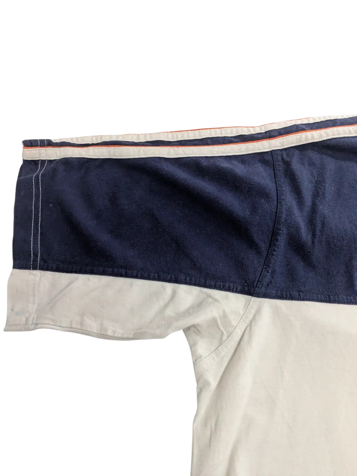 My Store navy and white cotton adidas t-shirt sleeve detail with orange stripe trim