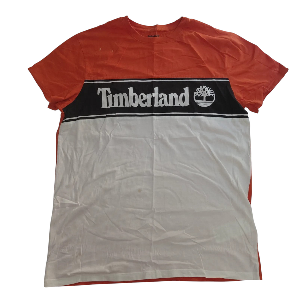 My Store Timberland organic cotton t-shirt featuring an orange, black, and white colour block logo design.