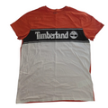 My Store Timberland organic cotton t-shirt featuring an orange, black, and white colour block logo design.