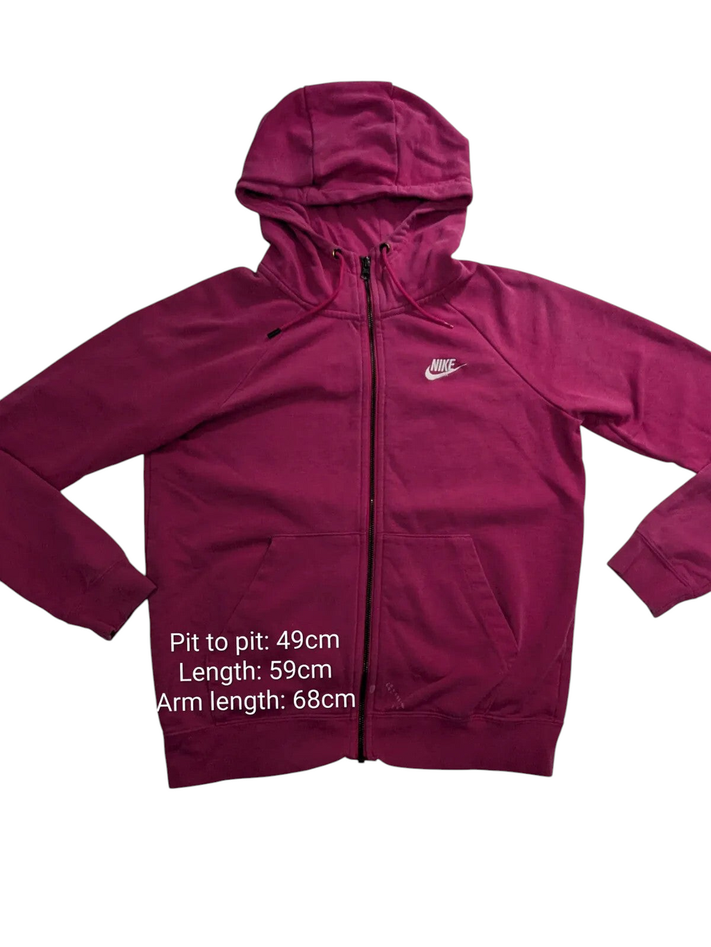 My Store Nike pink cotton full zip hoodie with white logo and drawstring hood, size medium streetwear style