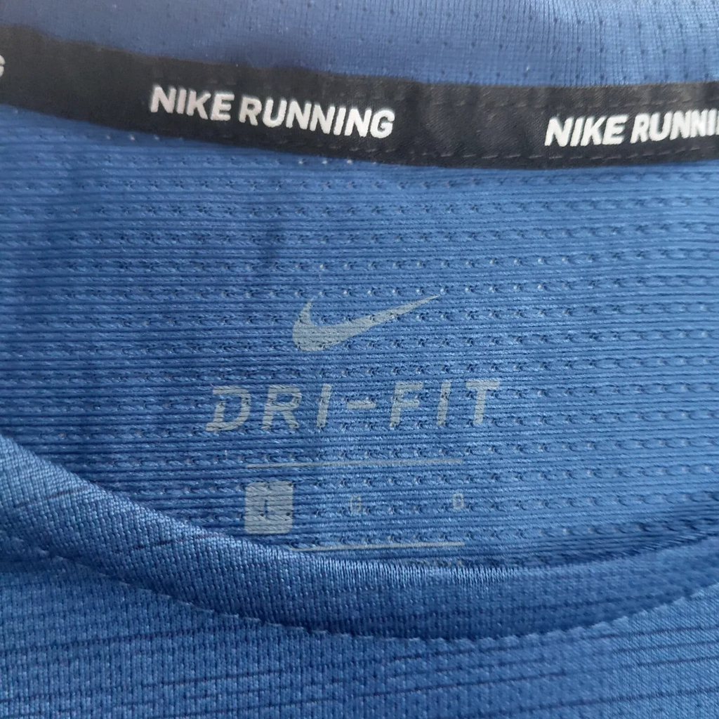 My Store blue Nike Dri-FIT running t-shirt with logo detail and breathable mesh fabric texture