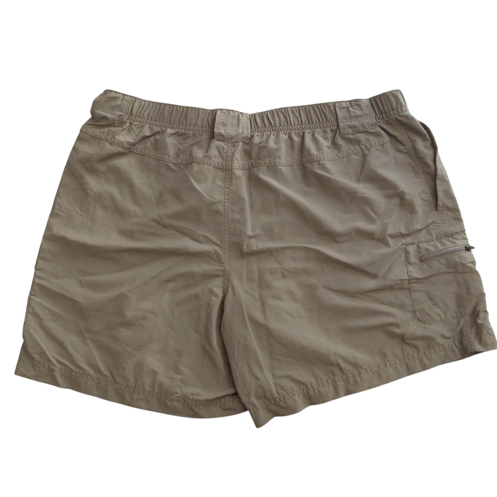 My Store Columbia khaki nylon cargo shorts with an elastic waistband and side zipper pocket, back view.