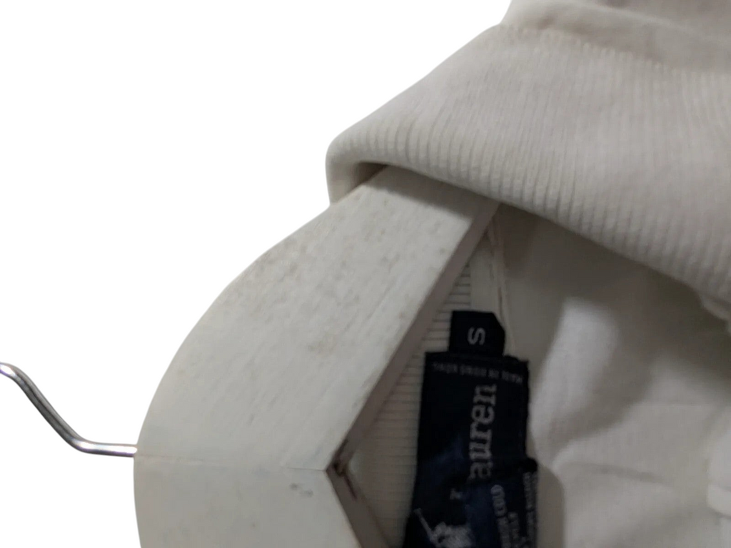 My Store Ralph Lauren cream long sleeve polo shirt with size small tag and ribbed collar detail