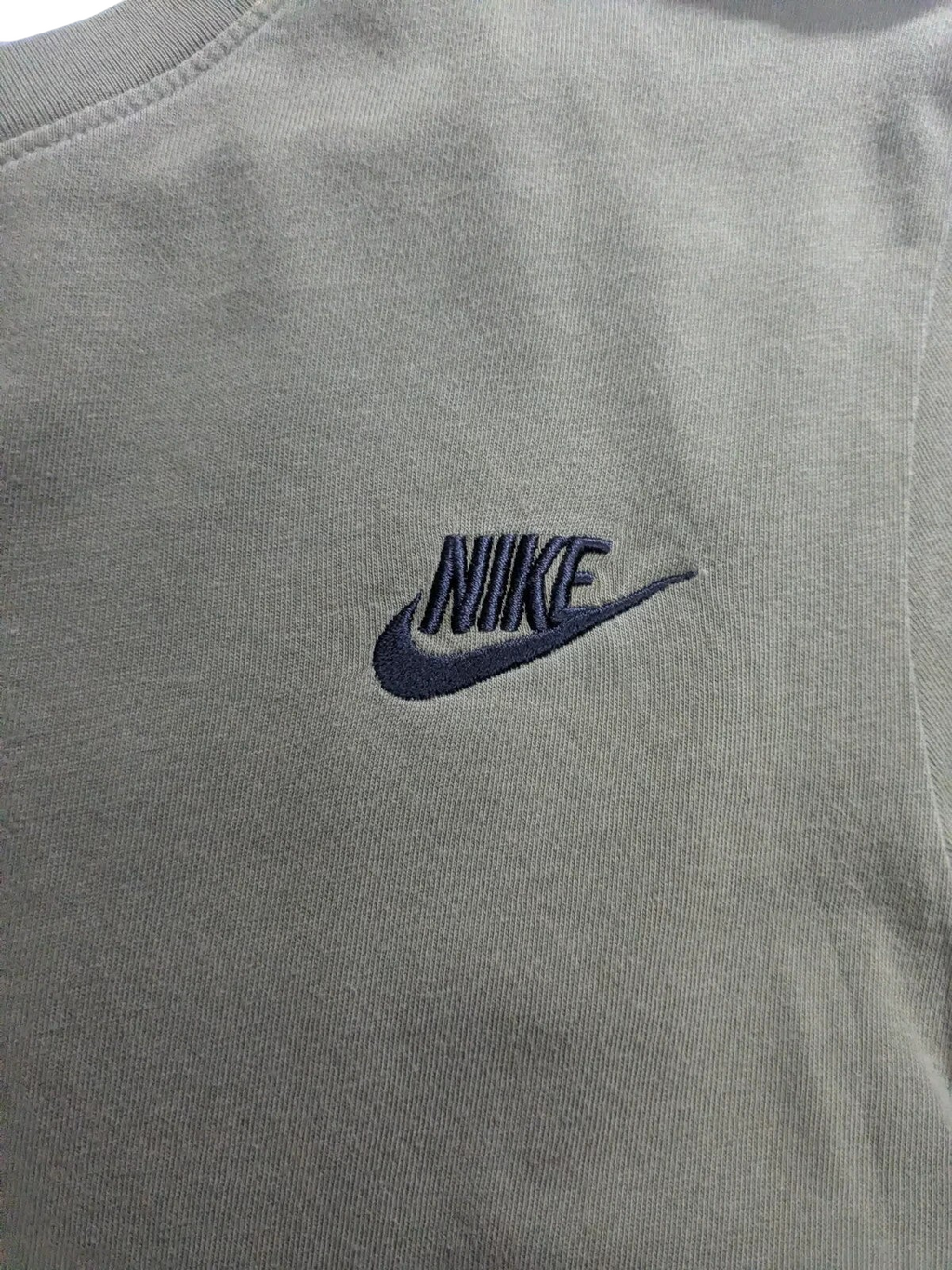 My Store olive green Nike t-shirt with embroidered black logo on chest, crew neck athletic cut