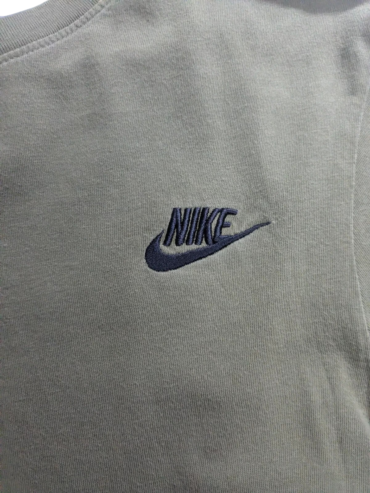 My Store olive green Nike t-shirt with embroidered black logo on chest, crew neck athletic cut