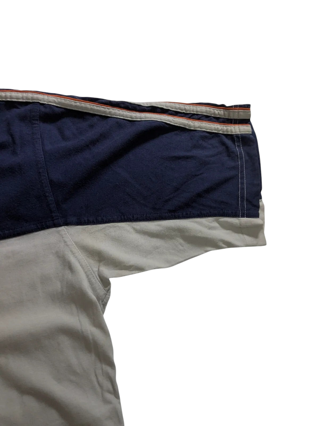 My Store Adidas navy and white cotton t-shirt sleeve detail with orange stripe accents