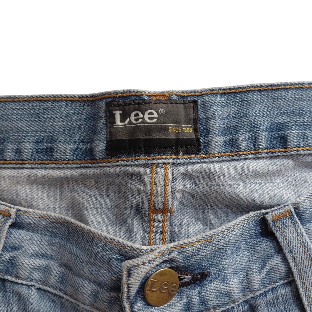 My Store Lee Knox light blue denim shorts featuring a classic Lee brand label and brass button fly detail.