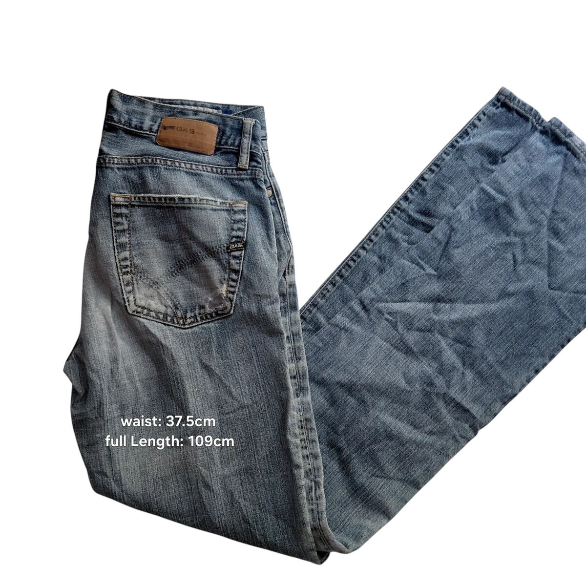 My Store GAS light blue wash denim jeans with a regular fit, straight leg, and button fly closure.