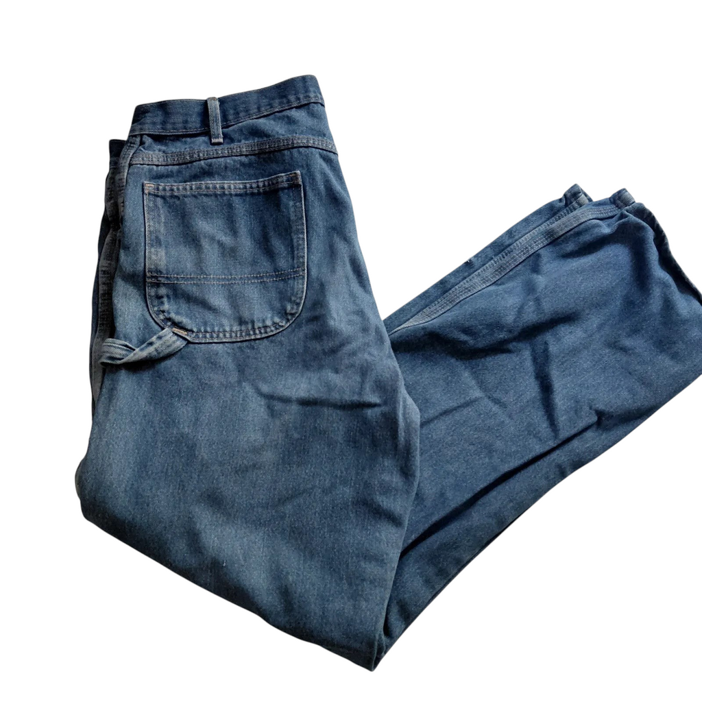 My Store Dickies mid blue wash denim carpenter jeans with utility pockets and distressed workwear detailing.