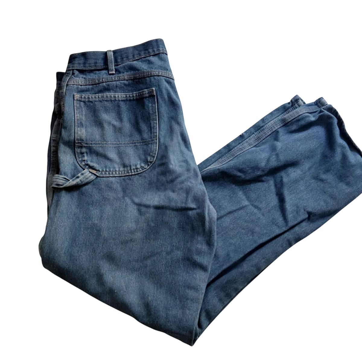 My Store Dickies mid blue wash denim carpenter jeans with utility pockets and distressed workwear detailing.