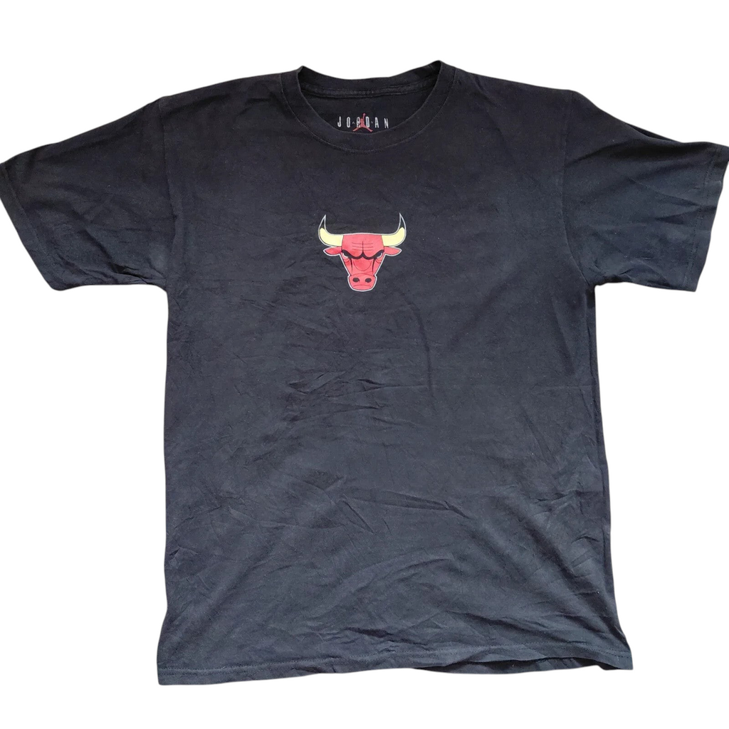 My Store black Jordan cotton crew neck t-shirt featuring a red and white Chicago Bulls bull head logo graphic print.