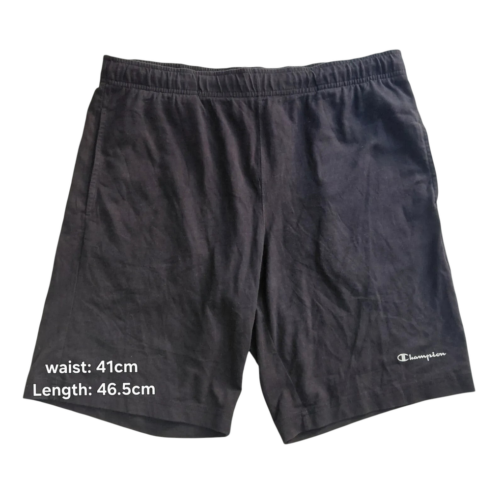 My Store black Champion athletic shorts with an elastic waistband and white logo detail on the leg.