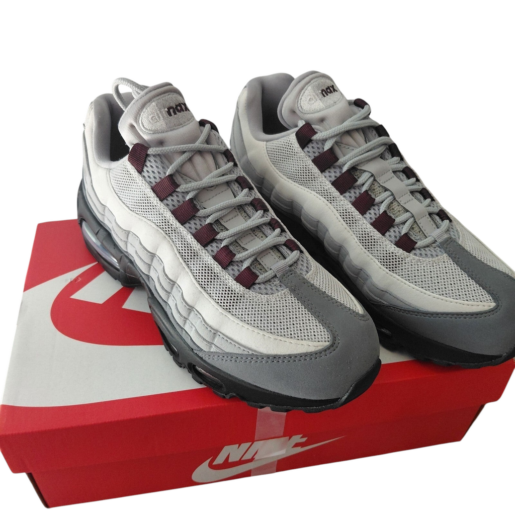 My Store Nike Air Max 95 trainers in smoke grey and burgundy crush with mesh and leather upper on a Nike shoebox