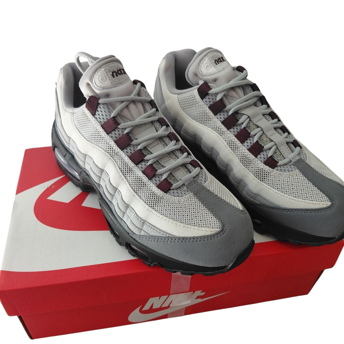 My Store Nike Air Max 95 trainers in smoke grey and burgundy crush with mesh and leather upper on a Nike shoebox