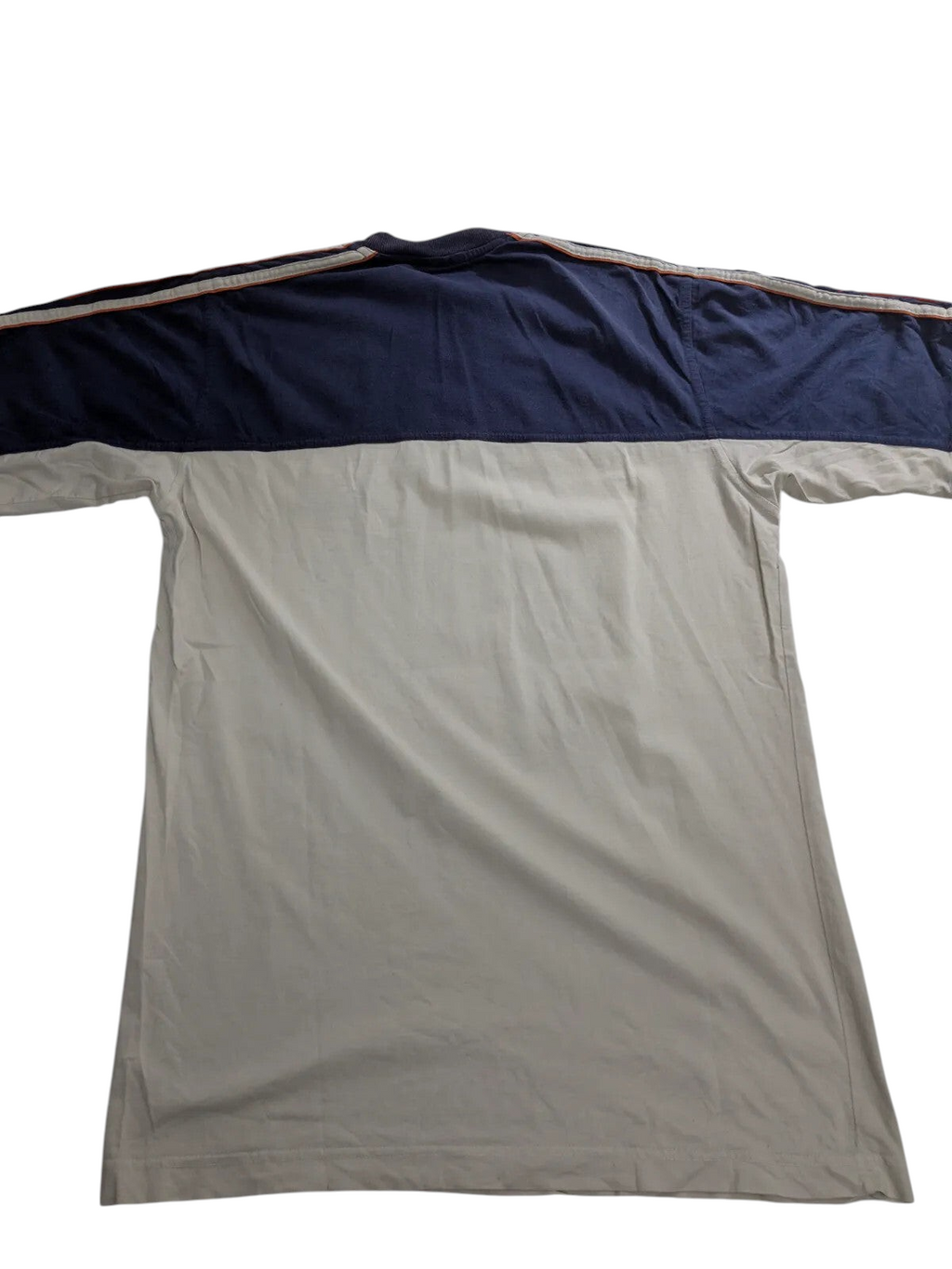 Back view of a My Store navy and white striped cotton crew neck t-shirt with short sleeves.