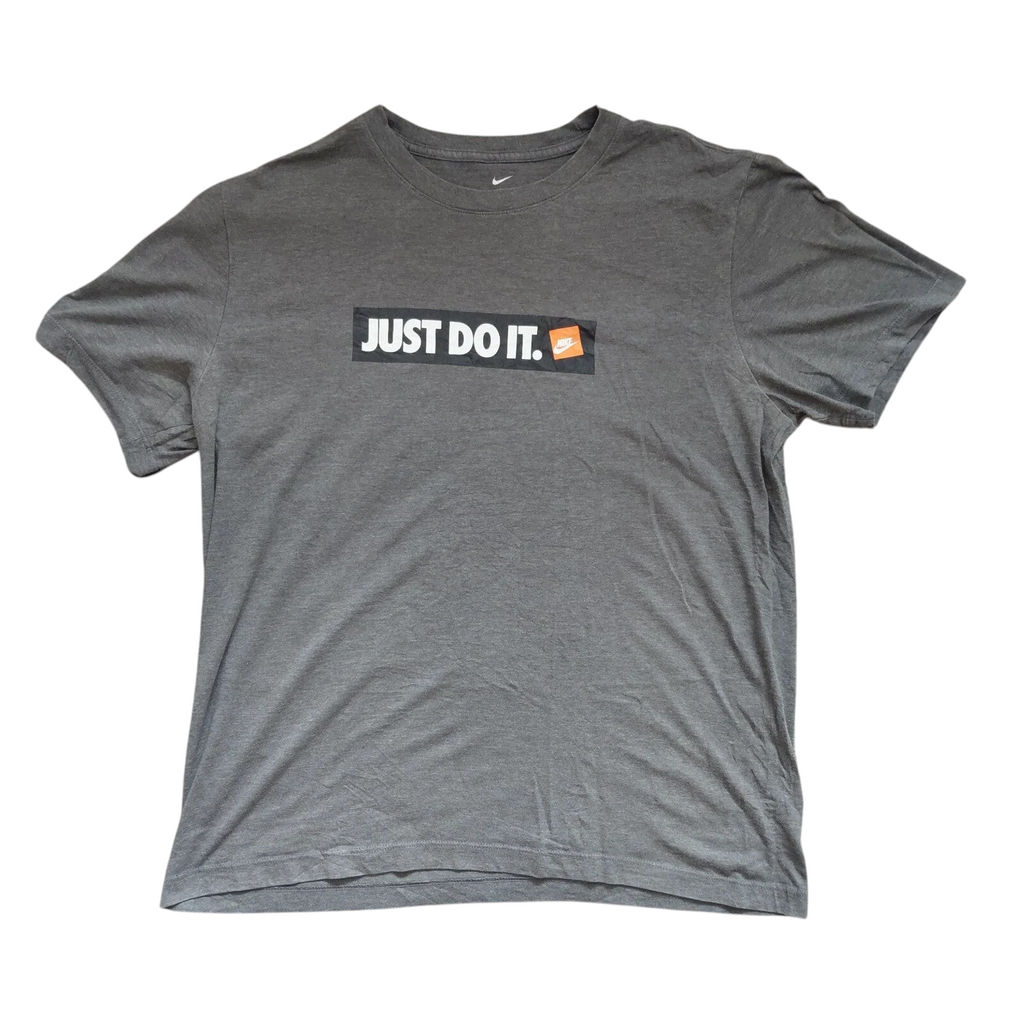 My Store grey Nike crew neck t-shirt with Just Do It graphic logo on the front, size large.