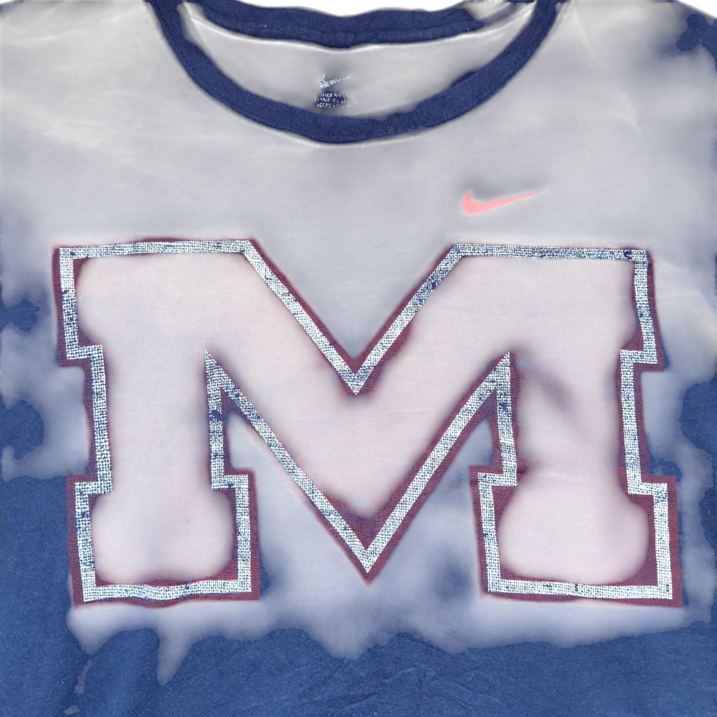 My Store navy blue Nike crew neck cotton t-shirt with a large maroon M graphic and small red Swoosh logo