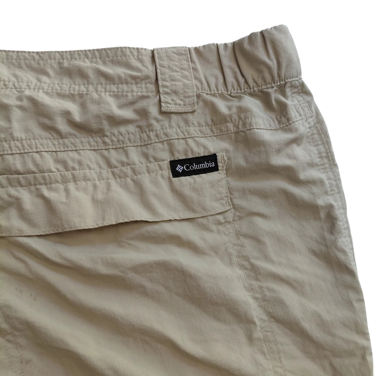 My Store Columbia beige nylon ripstop cargo shorts with utility pockets and elastic waistband detail
