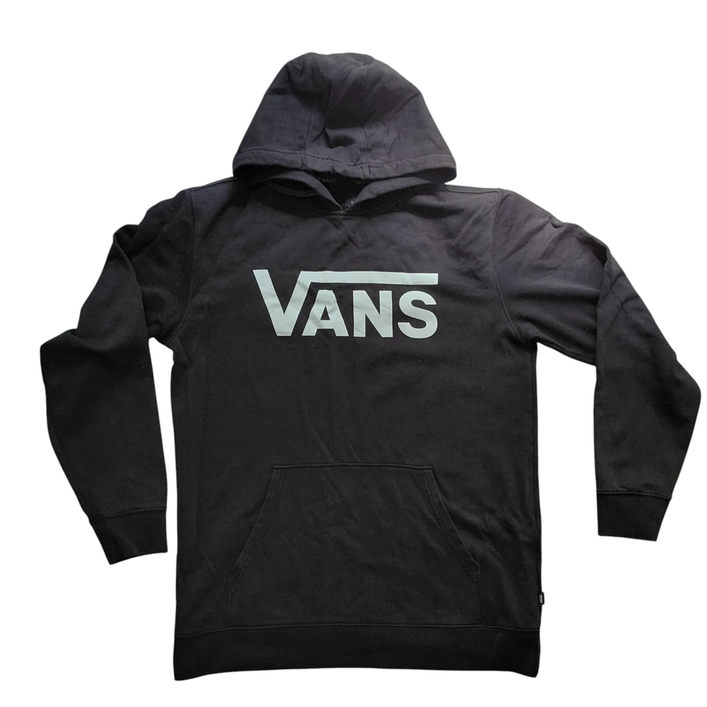 My Store black Vans pullover hoodie with white logo, long sleeves, and fleece lining in size large