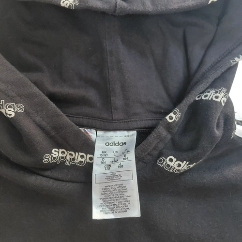 My Store pre-owned black adidas hoodie with branded logo lining on the hood, size 13-14 years