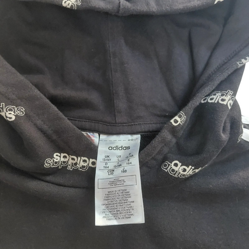 My Store pre-owned black adidas hoodie with branded logo lining on the hood, size 13-14 years