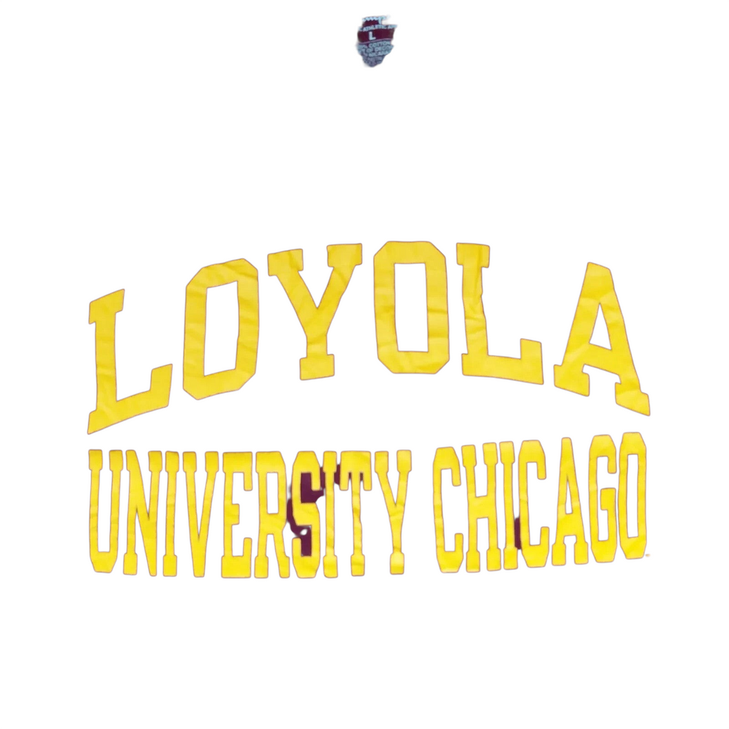 My Store burgundy Champion Loyola University Chicago cotton t-shirt with yellow collegiate graphic print